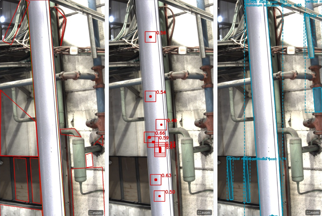 Agentix AI detection — real-time defect detection with confidence scores on aluminum profiles